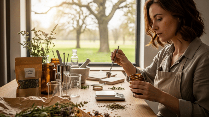 fitoterápia: női gyógynövénykészítő mérleggel fa munkapulton