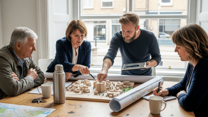 Tervet elemző csapat makett mellett — városfejlesztési programok Magyarországon