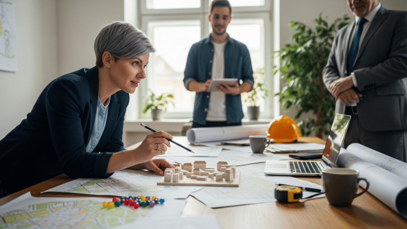 városfejlesztési programok megvalósítása várostervező nő modellre mutat az asztalon