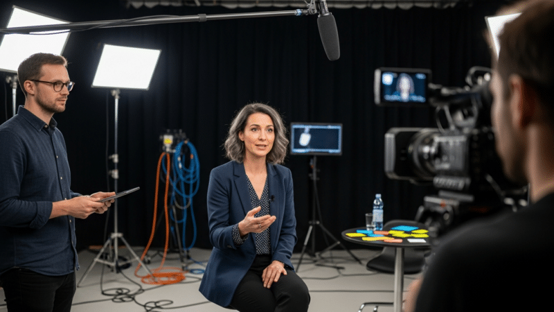 médiatréning televíziós szereplés: nő beszél a kamerába, tréner figyel